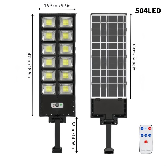 Solar-Powered Street Lamp Featuring Remote Control, Suitable for Gardens, Garages, And Driveways. It Operates from Dusk Till Dawn, Adjusts Brightness Automatically, Charges During The Day Using Solar Energy